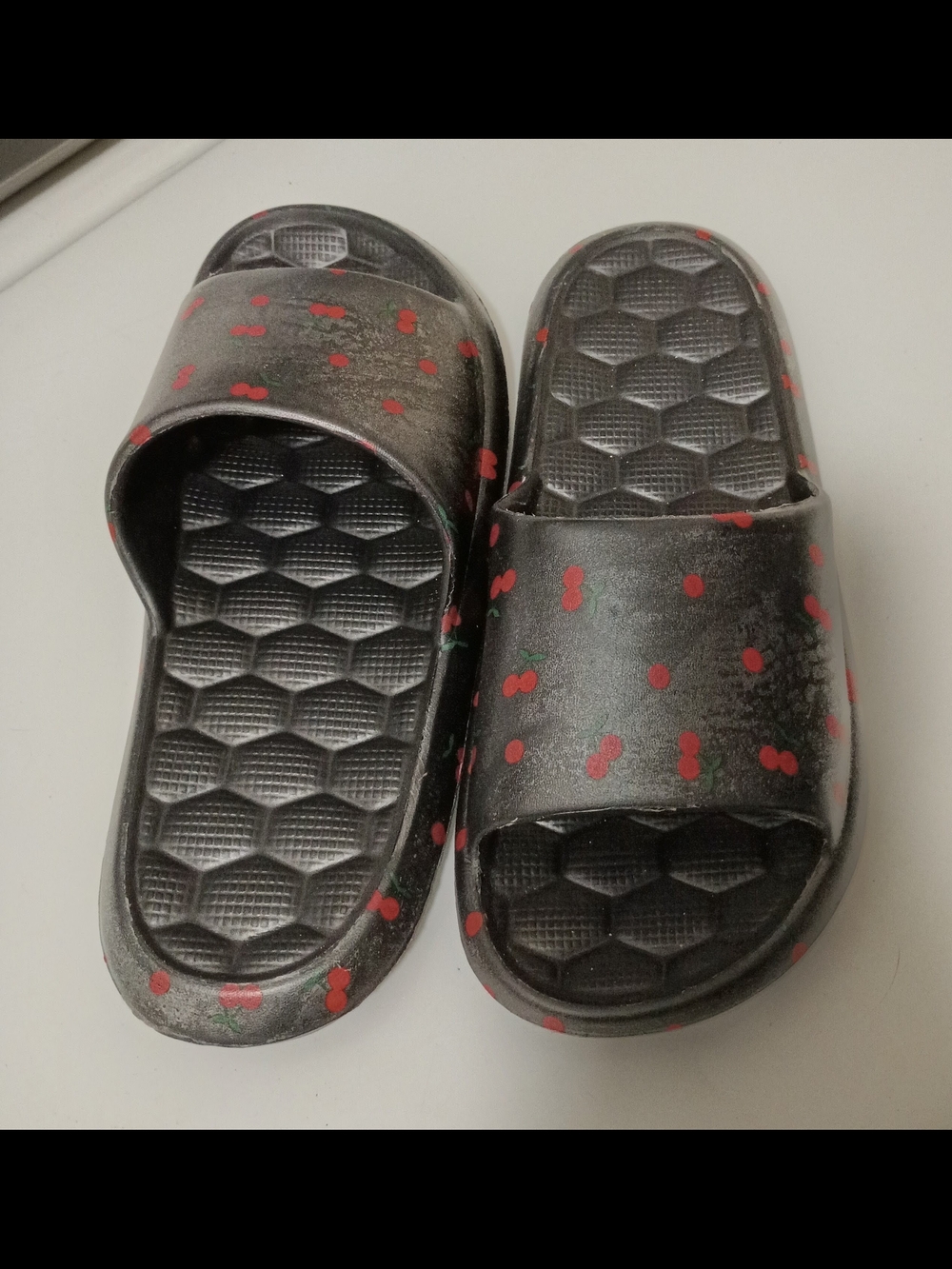 Women's Black Slide Sandals with Red Cherry Print